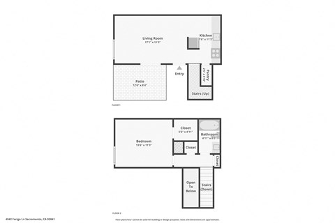 A floor plan of a property with two bedrooms, a living room, a patio, and a bathroom.